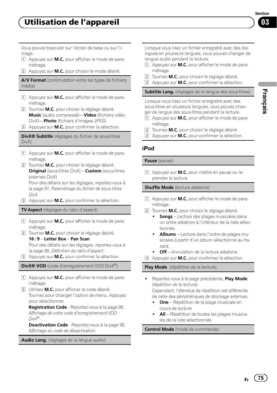 A/v format, Commutation entre les types de fichiers média), 03 utilisation de l ’appareil | Français, Ipod | Pioneer MVH-P8200BT User Manual | Page 75 / 184