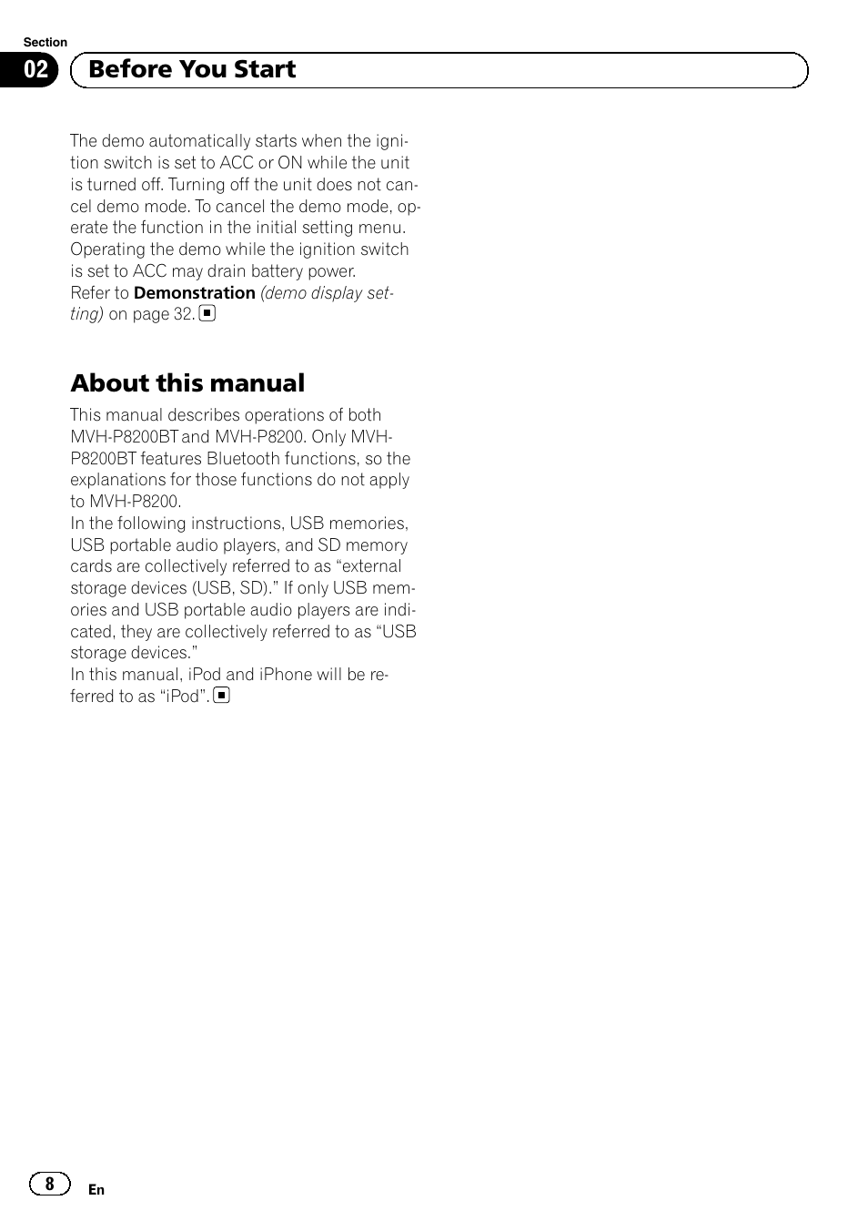 About this manual, 02 before you start | Pioneer MVH-P8200BT User Manual | Page 8 / 184