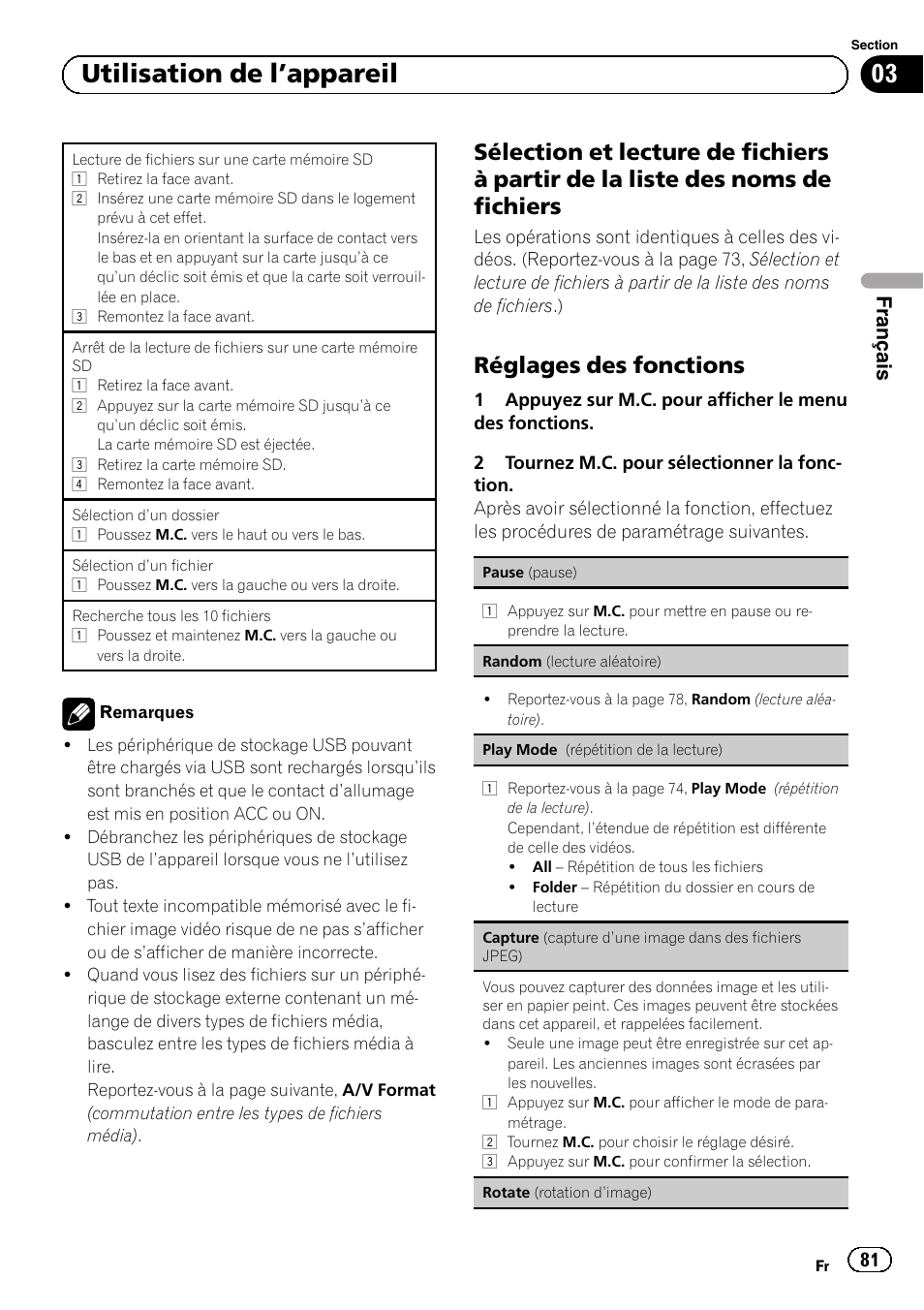 Sélection et lecture de fichiers à partir, De la liste des noms de fichiers, Réglages des fonctions 81 | 03 utilisation de l ’appareil, Réglages des fonctions, Français | Pioneer MVH-P8200BT User Manual | Page 81 / 184