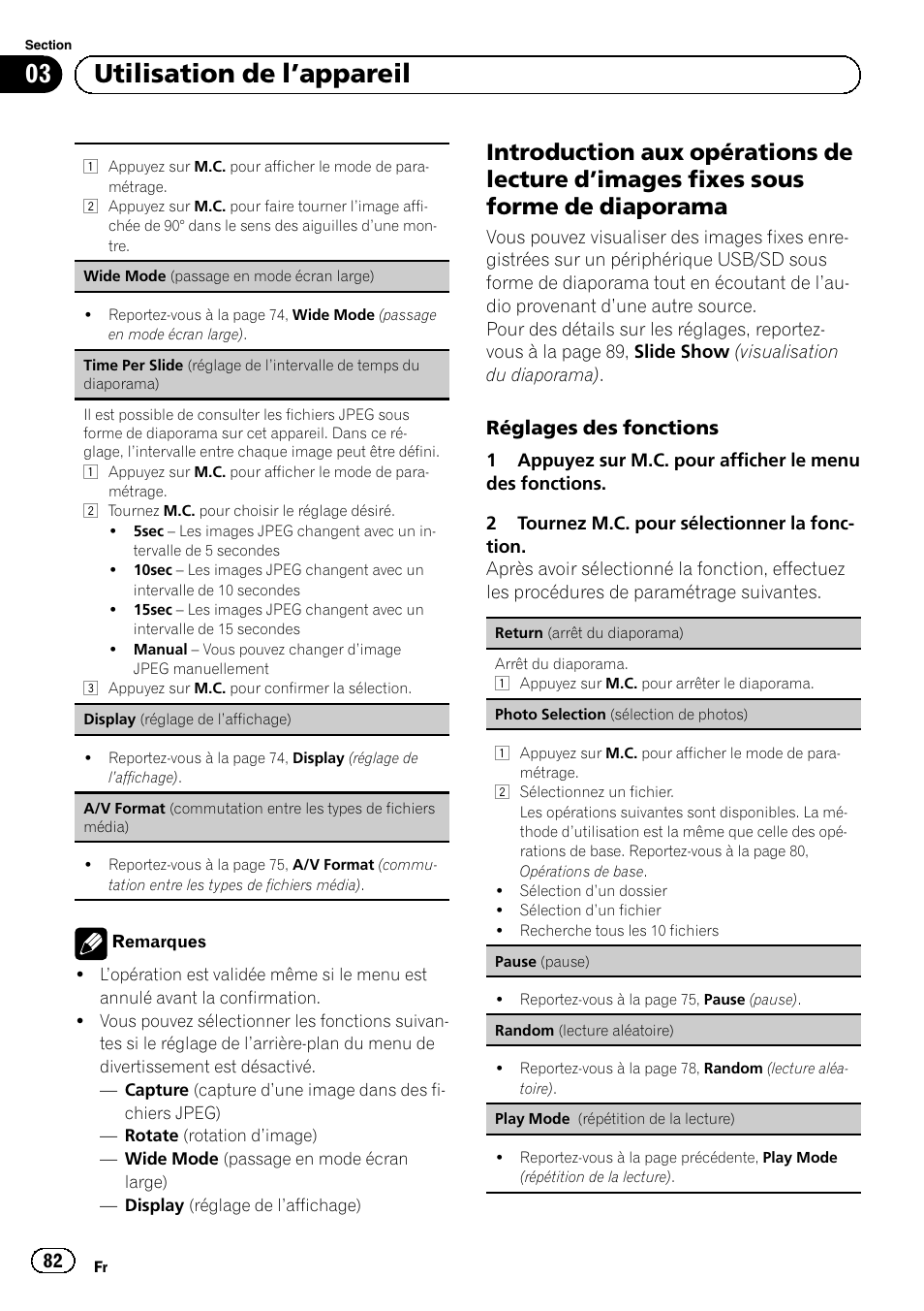 Introduction aux opérations de lecture, Images fixes sous forme de, Diaporama | Display (réglage, De l, Affichage), A/v format, Commutation entre les types de fichiers média), 03 utilisation de l ’appareil | Pioneer MVH-P8200BT User Manual | Page 82 / 184