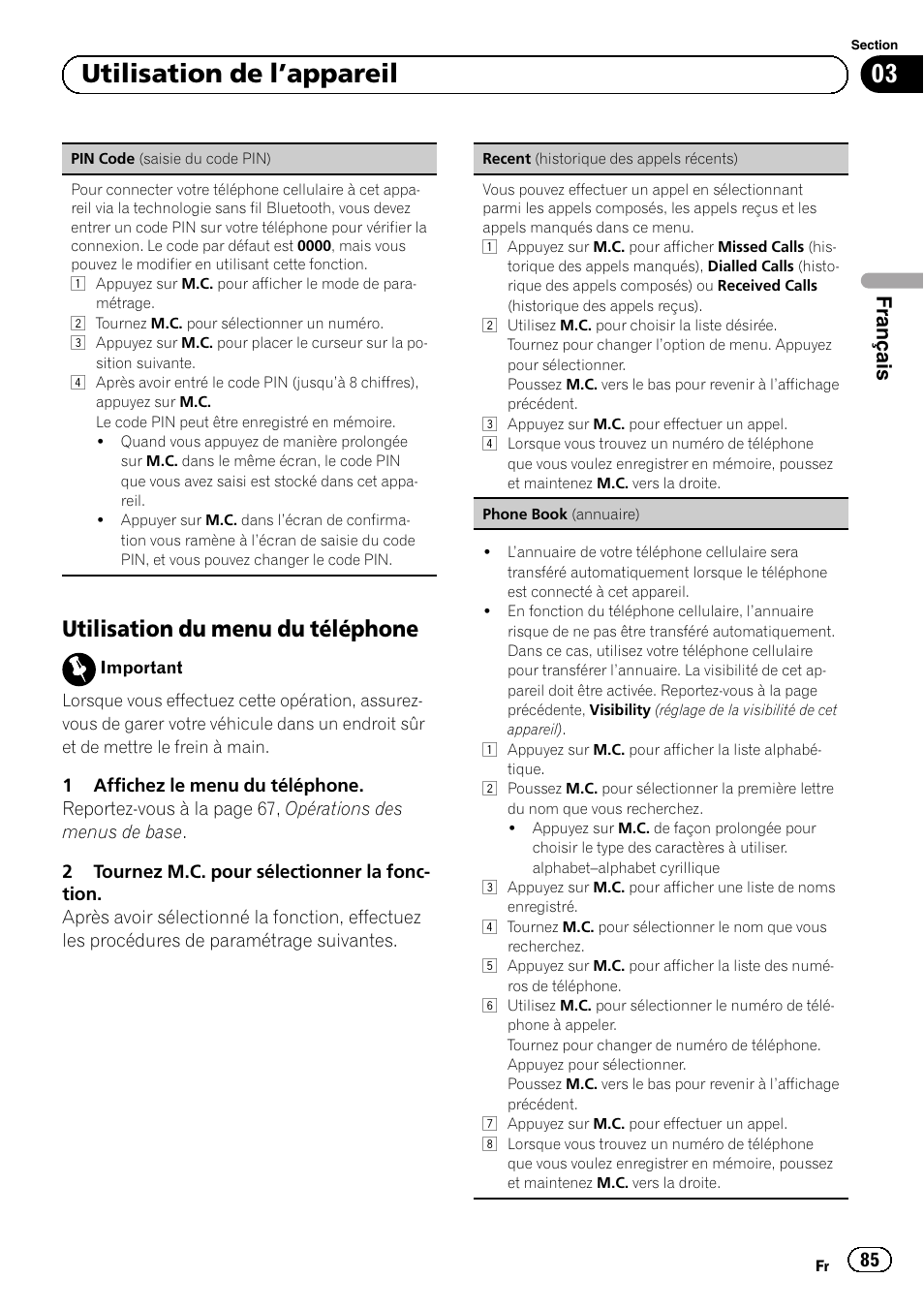 Utilisation du menu du téléphone 85, Du téléphone, Pin code (saisie du code | Pin), 03 utilisation de l ’appareil, Utilisation du menu du téléphone, Français | Pioneer MVH-P8200BT User Manual | Page 85 / 184