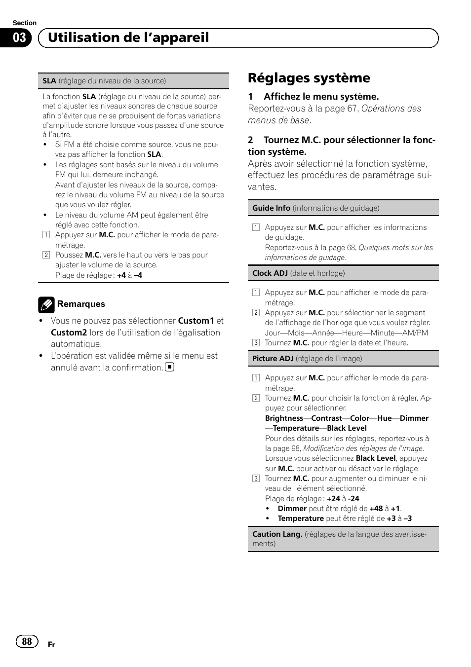Réglages système, 03 utilisation de l ’appareil | Pioneer MVH-P8200BT User Manual | Page 88 / 184