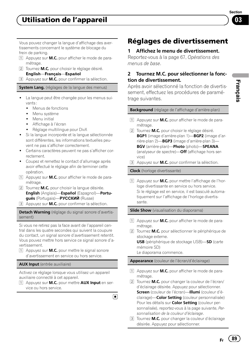 Réglages de divertissement, Slide show (visualisation, Du diaporama) | 03 utilisation de l ’appareil, Français | Pioneer MVH-P8200BT User Manual | Page 89 / 184