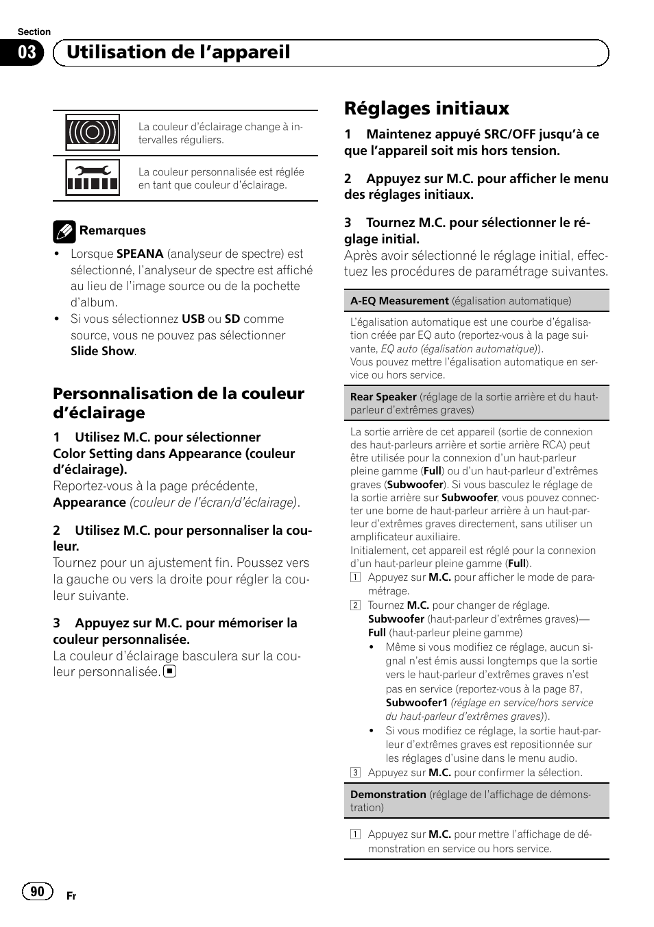 Personnalisation de la couleur, Éclairage 90, Réglages initiaux | Demonstration, Réglage de l, Affichage de démonstration), 03 utilisation de l ’appareil, Personnalisation de la couleur d ’éclairage | Pioneer MVH-P8200BT User Manual | Page 90 / 184