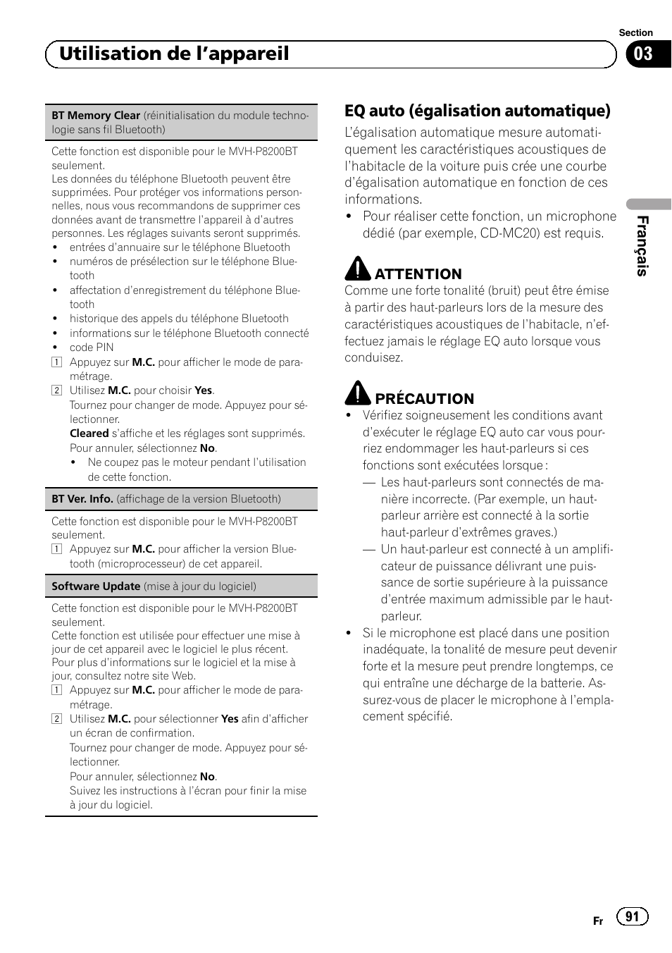 Eq auto (égalisation automatique) 91, 03 utilisation de l ’appareil, Eq auto (égalisation automatique) | Français | Pioneer MVH-P8200BT User Manual | Page 91 / 184