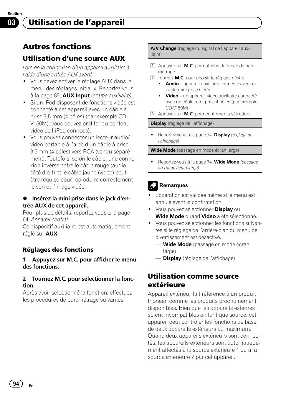 Autres fonctions, Utilisation d’une source aux 94, Utilisation comme source | Extérieure, 03 utilisation de l ’appareil, Utilisation d ’une source aux, Utilisation comme source extérieure | Pioneer MVH-P8200BT User Manual | Page 94 / 184