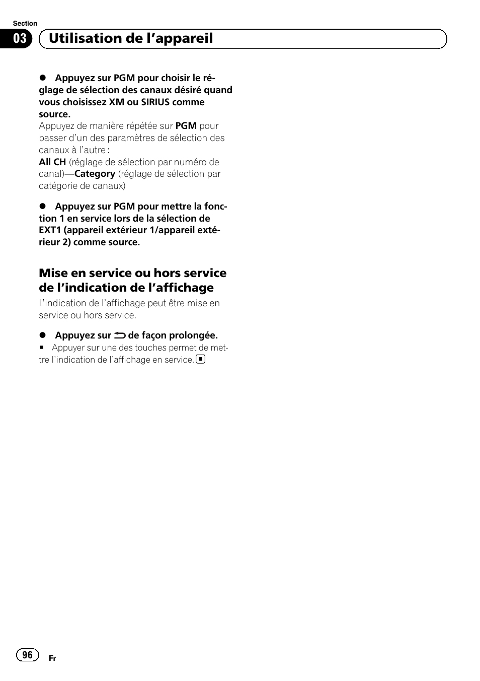 Mise en service ou hors service de, Indication de l’affichage 96, 03 utilisation de l ’appareil | Pioneer MVH-P8200BT User Manual | Page 96 / 184