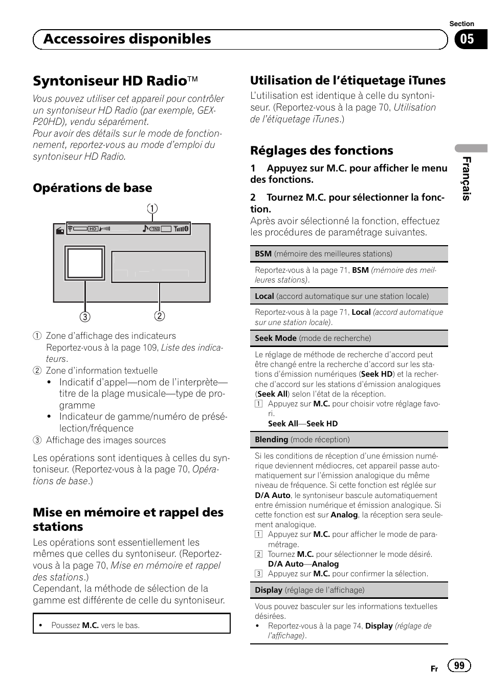 Accessoires disponibles syntoniseur hd radio, Ä 99, Opérations de base 99 | Mise en mémoire et rappel des, Stations, Utilisation de l’étiquetage itunes 99, Réglages des fonctions 99, Syntoniseur hd radio ä, 05 accessoires disponibles, Opérations de base | Pioneer MVH-P8200BT User Manual | Page 99 / 184