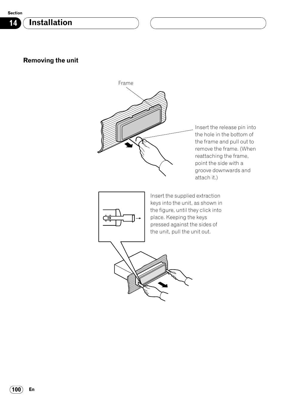 Removing the unit 100, Installation | Pioneer Super Tuner III DVH-P7050 User Manual | Page 100 / 104