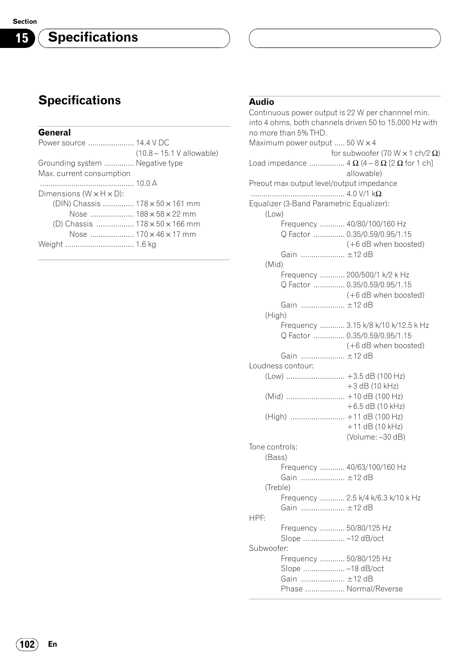 Specifications 102, Specifications | Pioneer Super Tuner III DVH-P7050 User Manual | Page 102 / 104