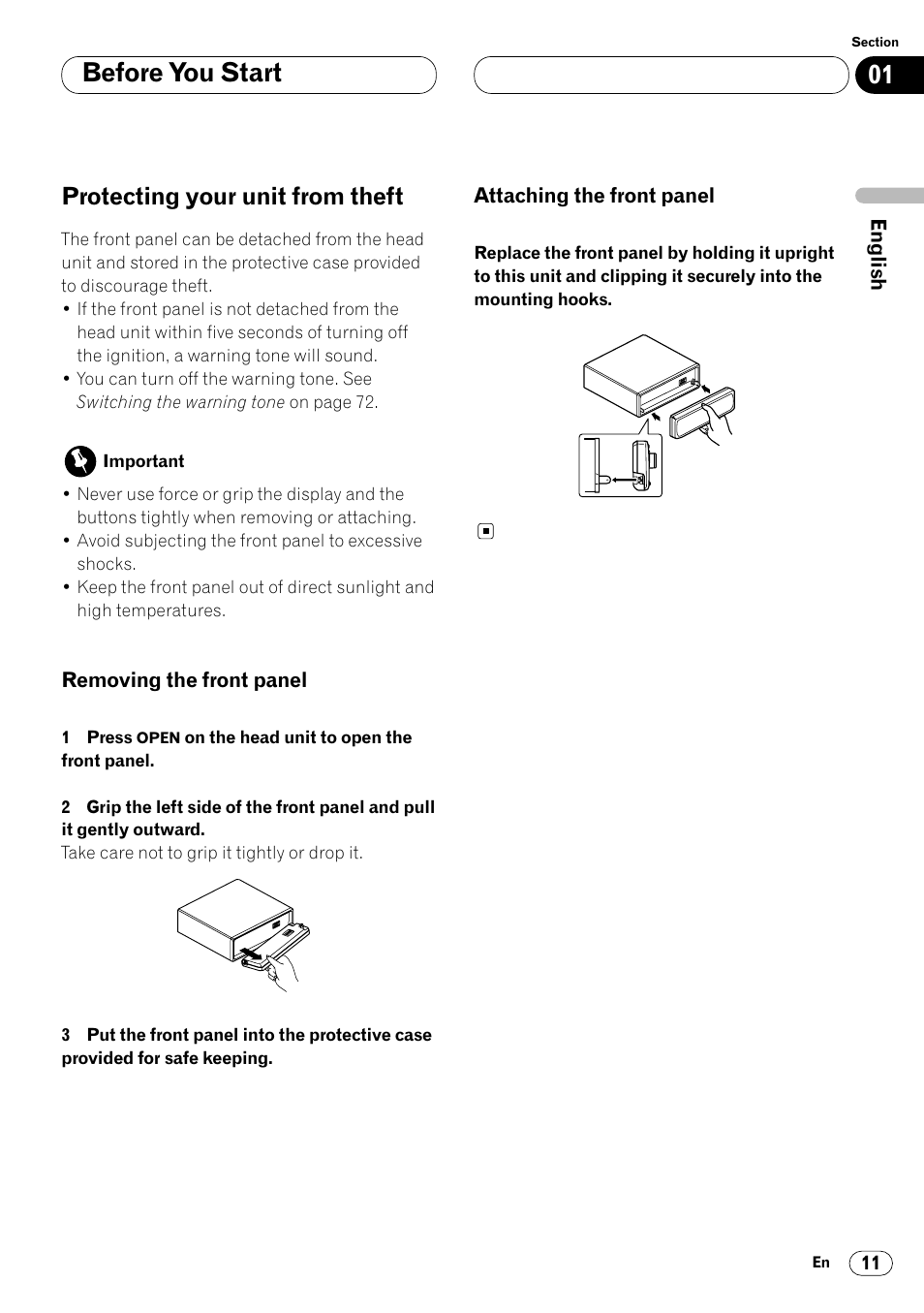 Protecting your unit from theft 11, Before you start, Protecting your unit from theft | Pioneer Super Tuner III DVH-P7050 User Manual | Page 11 / 104