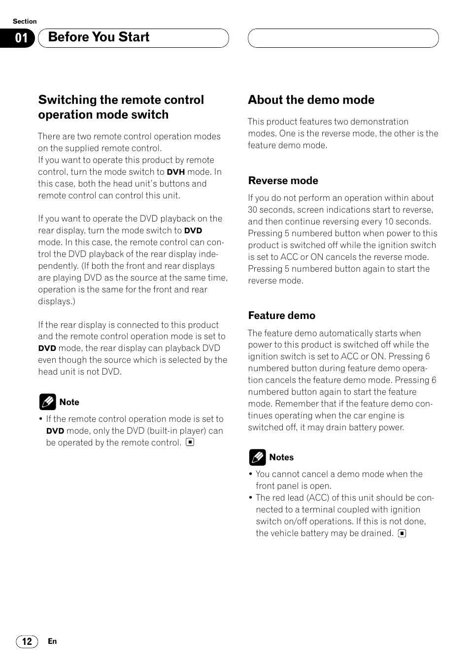 Switching the remote control operation, Mode switch 12, About the demo mode 12 | Reverse mode 12 • feature demo 12, Before you start, Switching the remote control operation mode switch, About the demo mode | Pioneer Super Tuner III DVH-P7050 User Manual | Page 12 / 104