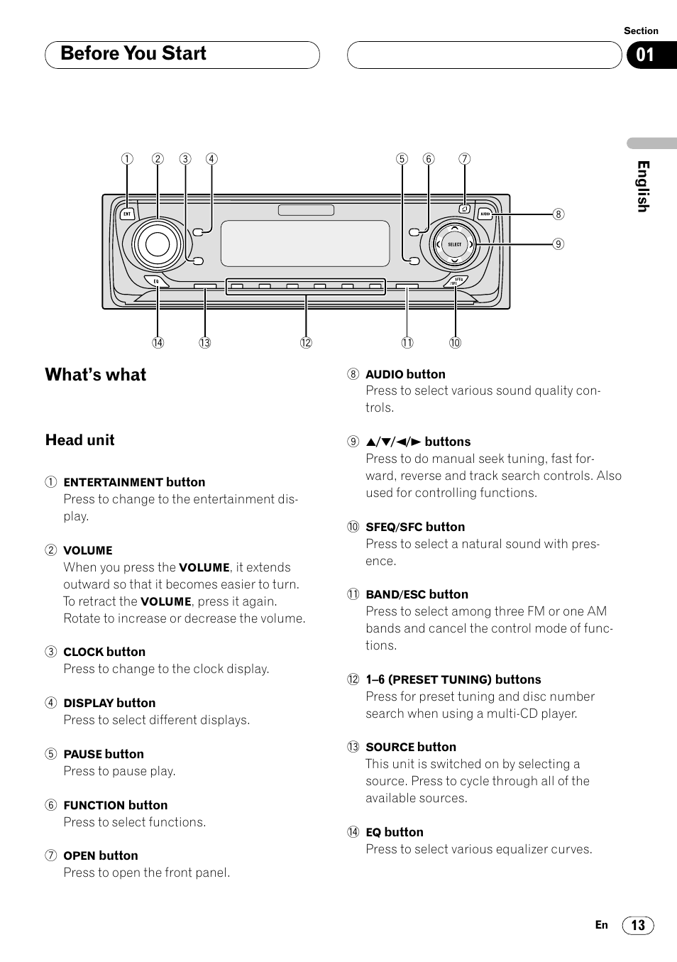 What’s what 13, Head unit 13, Before you start | What’s what | Pioneer Super Tuner III DVH-P7050 User Manual | Page 13 / 104