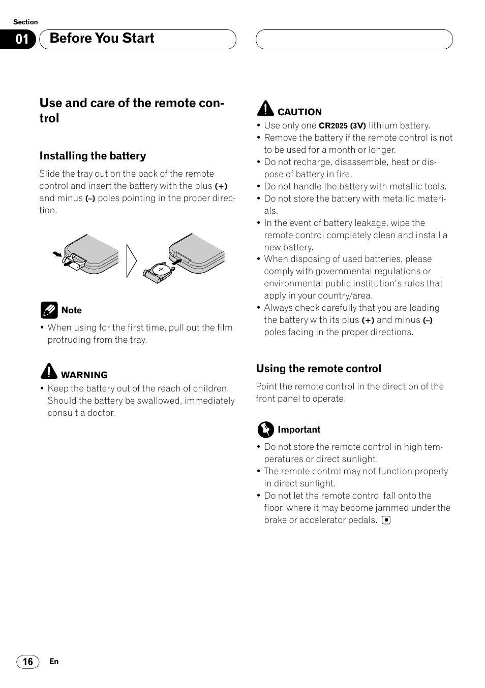 Use and care of the remote control 16, Before you start, Use and care of the remote con- trol | Pioneer Super Tuner III DVH-P7050 User Manual | Page 16 / 104
