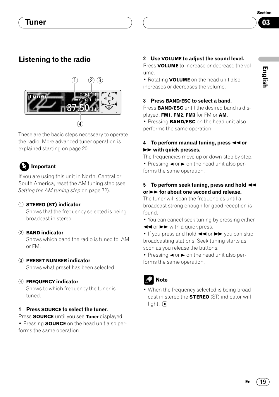 Listening to the radio 19, Tuner, Listening to the radio | Pioneer Super Tuner III DVH-P7050 User Manual | Page 19 / 104