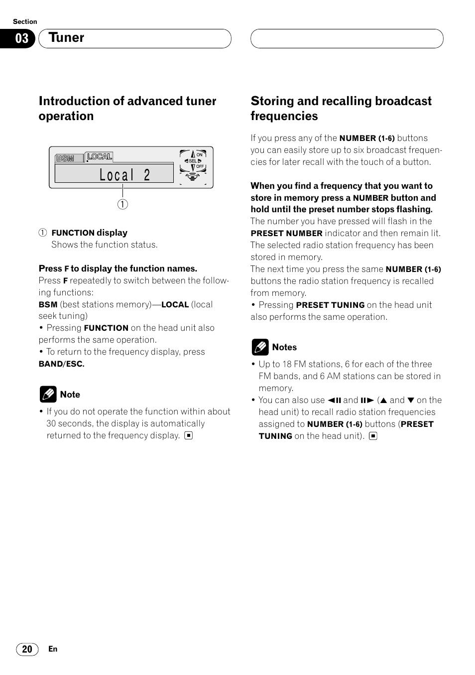 Introduction of advanced tuner, Operation 20, Storing and recalling broadcast | Frequencies 20, Tuner, Introduction of advanced tuner operation, Storing and recalling broadcast frequencies | Pioneer Super Tuner III DVH-P7050 User Manual | Page 20 / 104