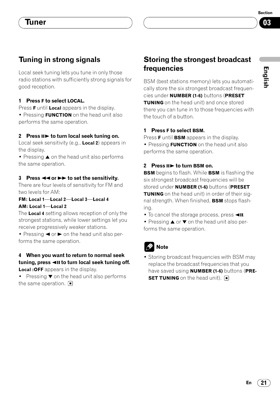 Frequencies 21, Tuner, Tuning in strong signals | Storing the strongest broadcast frequencies | Pioneer Super Tuner III DVH-P7050 User Manual | Page 21 / 104