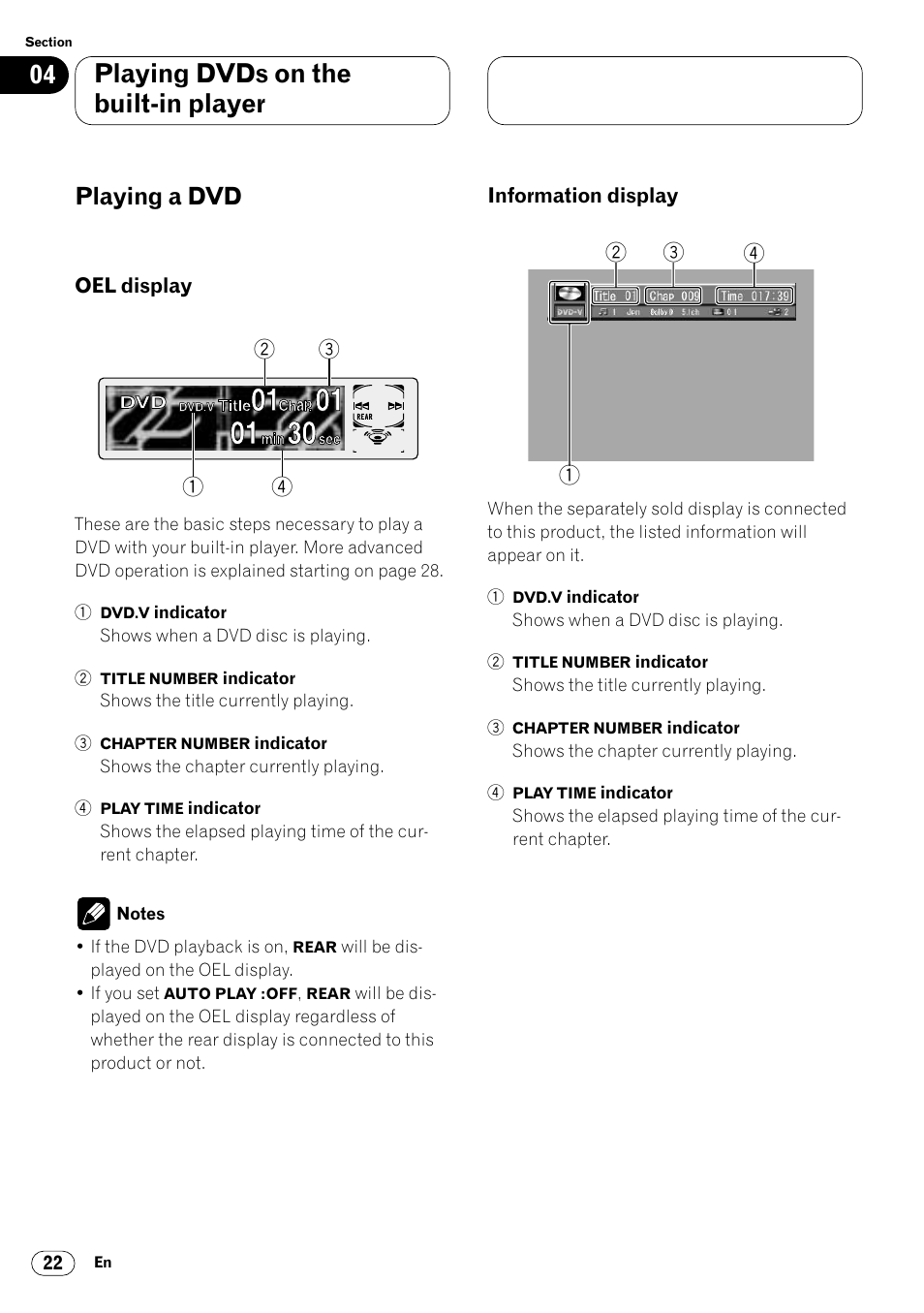 Playing a dvd 22, Oel display 22 • information display 22, Playing dvds on the built-in player | Playing a dvd | Pioneer Super Tuner III DVH-P7050 User Manual | Page 22 / 104