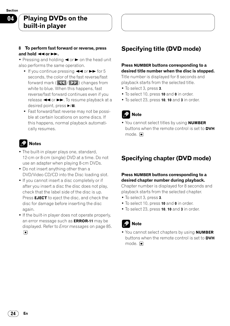 Playing dvds on the built-in player, Specifying title (dvd mode), Specifying chapter (dvd mode) | Pioneer Super Tuner III DVH-P7050 User Manual | Page 24 / 104