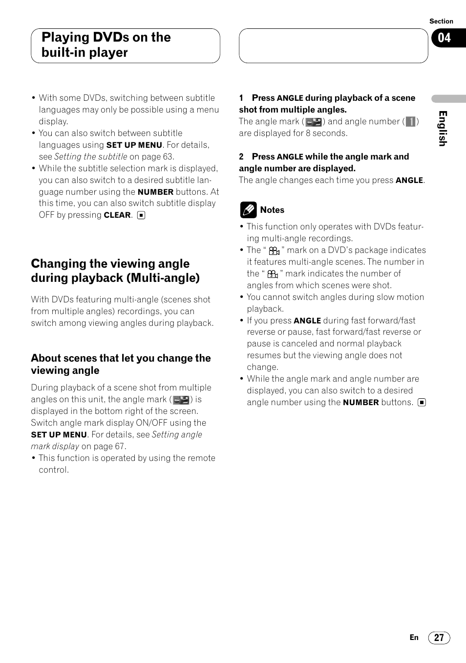Changing the viewing angle during, Viewing angle 27, Playing dvds on the built-in player | Pioneer Super Tuner III DVH-P7050 User Manual | Page 27 / 104