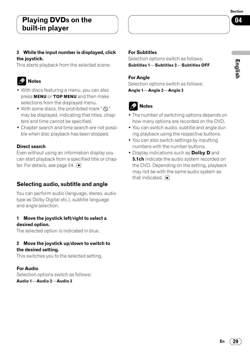 Selecting audio, subtitle and angle 29, Playing dvds on the built-in player | Pioneer Super Tuner III DVH-P7050 User Manual | Page 29 / 104