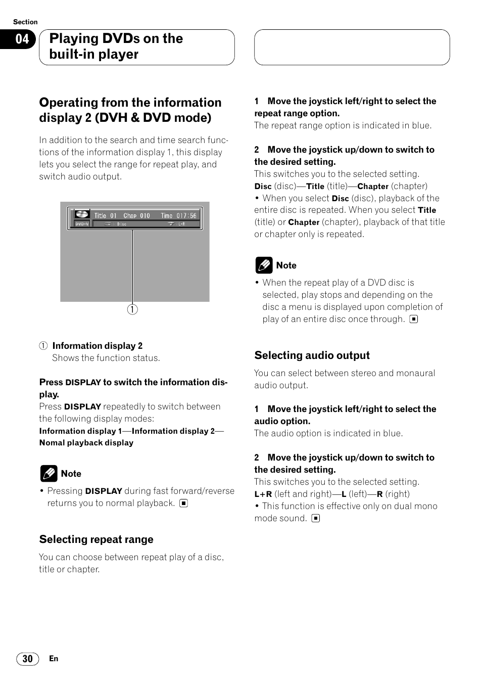 Operating from the information display 2, Playing dvds on the built-in player | Pioneer Super Tuner III DVH-P7050 User Manual | Page 30 / 104