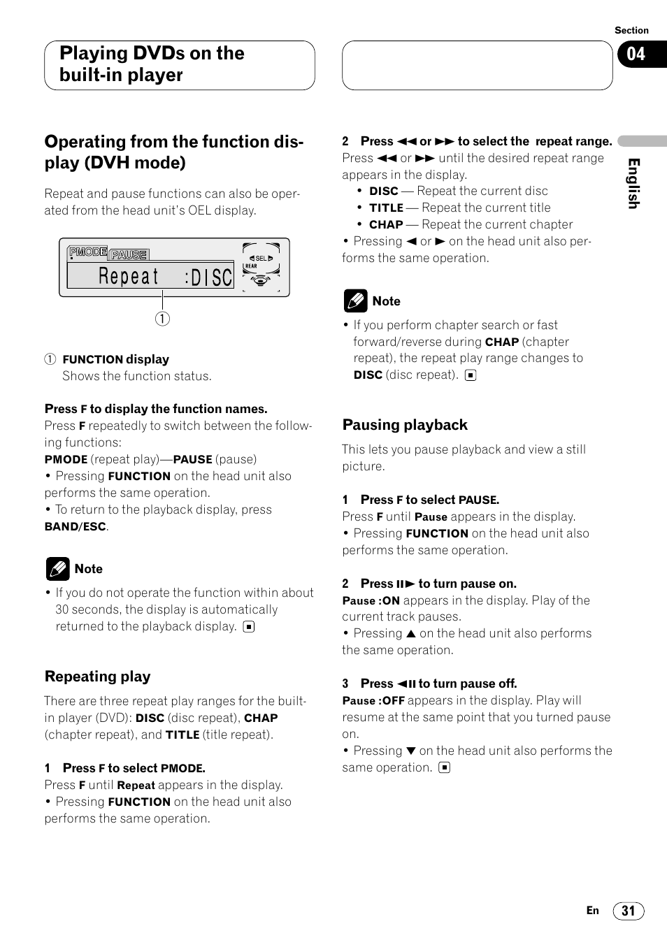 Operating from the function display, Playing dvds on the built-in player, Operating from the function dis- play (dvh mode) | Pioneer Super Tuner III DVH-P7050 User Manual | Page 31 / 104