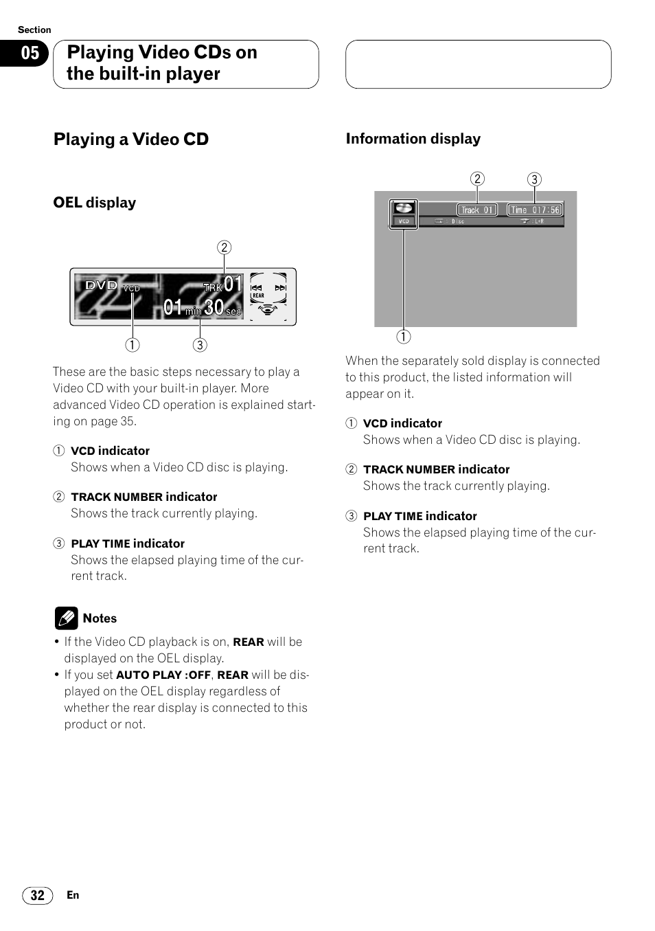 Playing a video cd 32, Oel display 32 • information display 32, Playing video cds on the built-in player | Playing a video cd | Pioneer Super Tuner III DVH-P7050 User Manual | Page 32 / 104