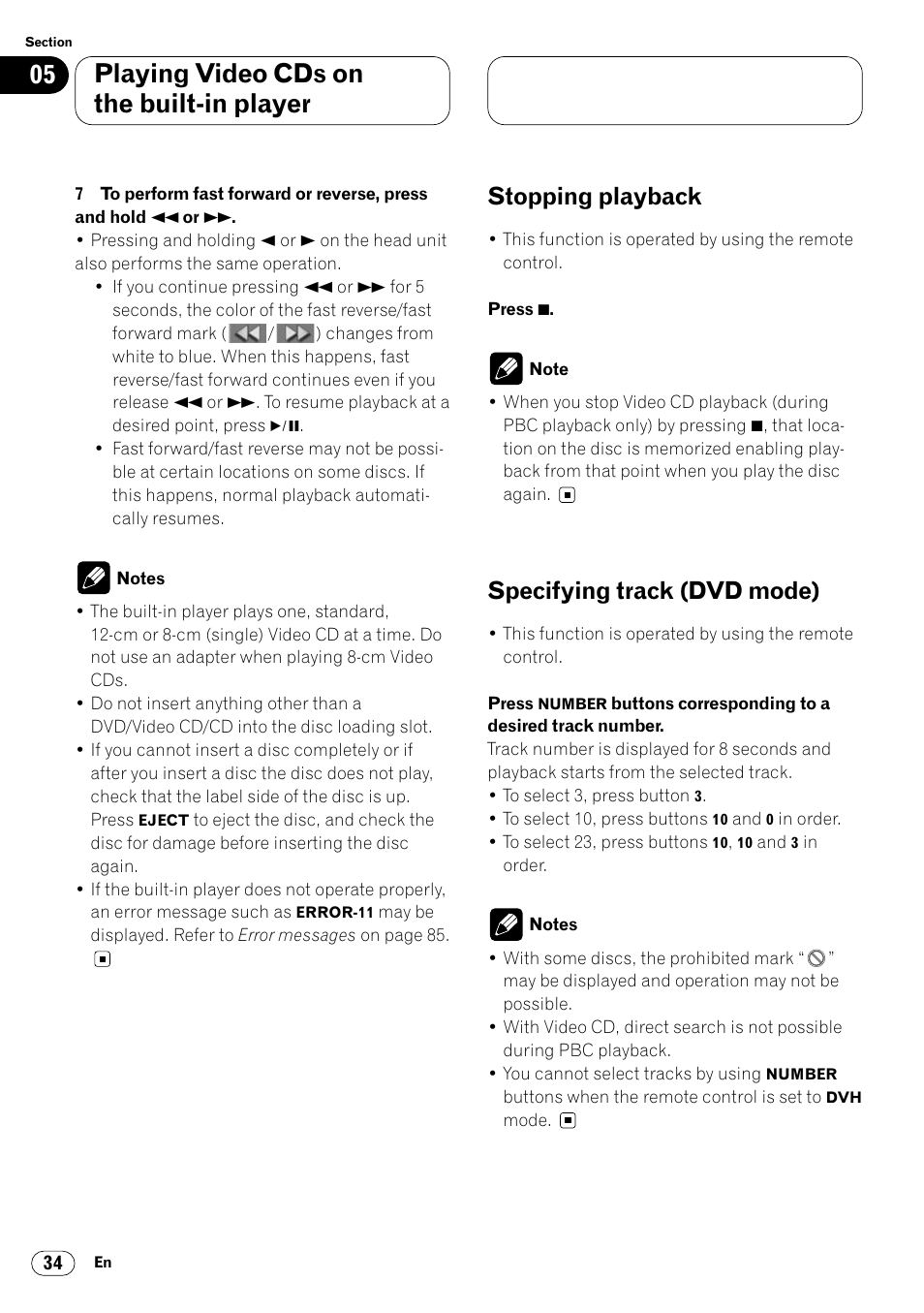 Playing video cds on the built-in player, Stopping playback, Specifying track (dvd mode) | Pioneer Super Tuner III DVH-P7050 User Manual | Page 34 / 104