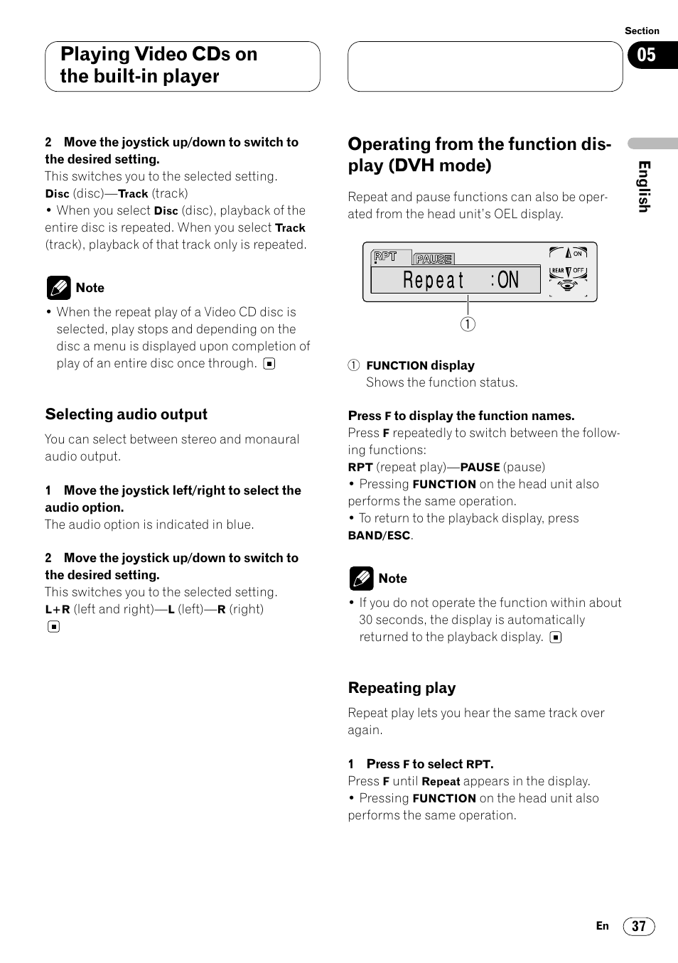Selecting audio output 37, Operating from the function display, Dvh mode) 37 • repeating play 37 | Playing video cds on the built-in player, Operating from the function dis- play (dvh mode) | Pioneer Super Tuner III DVH-P7050 User Manual | Page 37 / 104