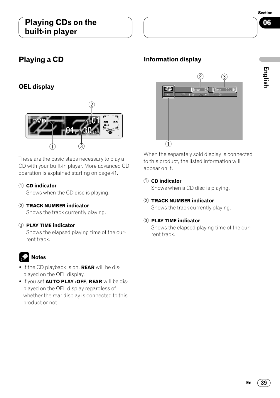 Playing a cd 39, Oel display 39 • information display 39, Playing cds on the built-in player | Playing a cd | Pioneer Super Tuner III DVH-P7050 User Manual | Page 39 / 104