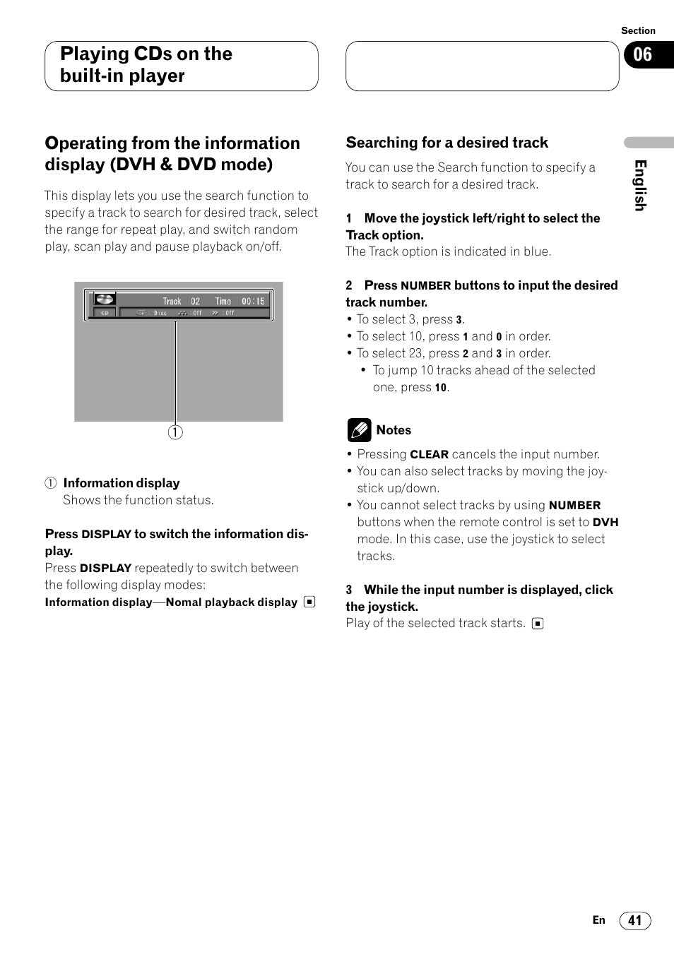Operating from the information display, Playing cds on the built-in player | Pioneer Super Tuner III DVH-P7050 User Manual | Page 41 / 104