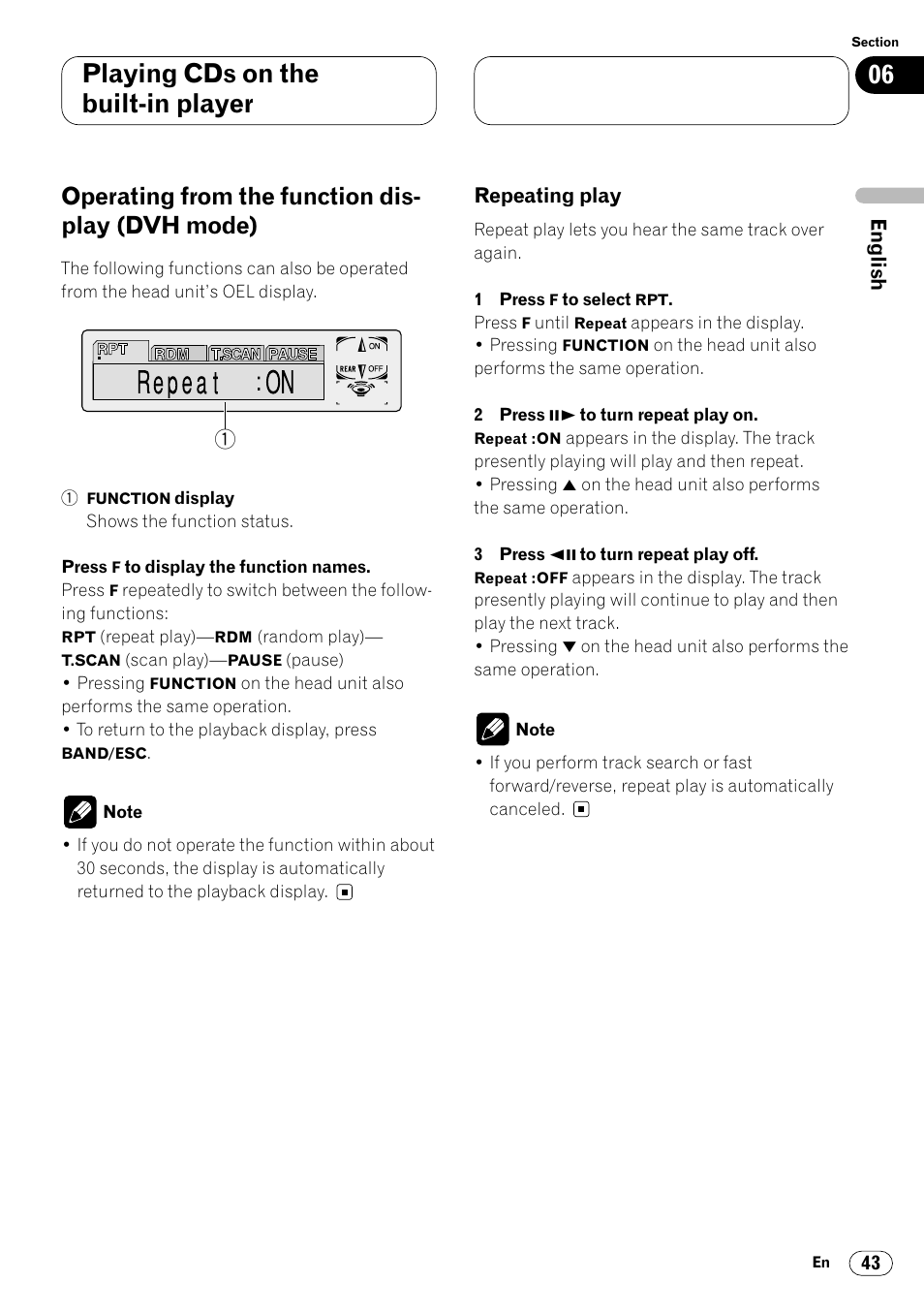 Operating from the function display, Dvh mode) 43 • repeating play 43, Playing cds on the built-in player | Operating from the function dis- play (dvh mode) | Pioneer Super Tuner III DVH-P7050 User Manual | Page 43 / 104