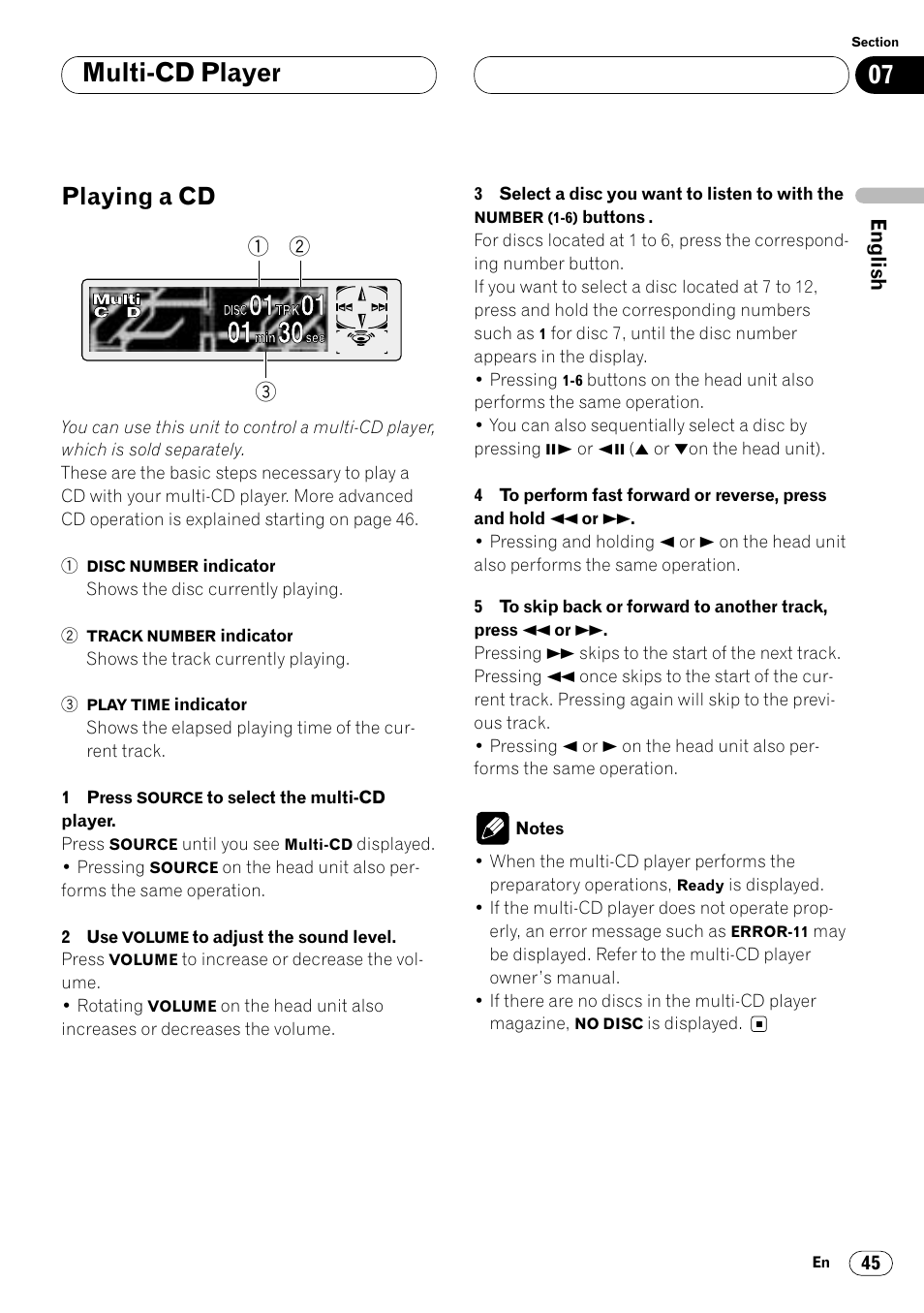 Playing a cd 45, Multi-cd player, Playing a cd | Pioneer Super Tuner III DVH-P7050 User Manual | Page 45 / 104