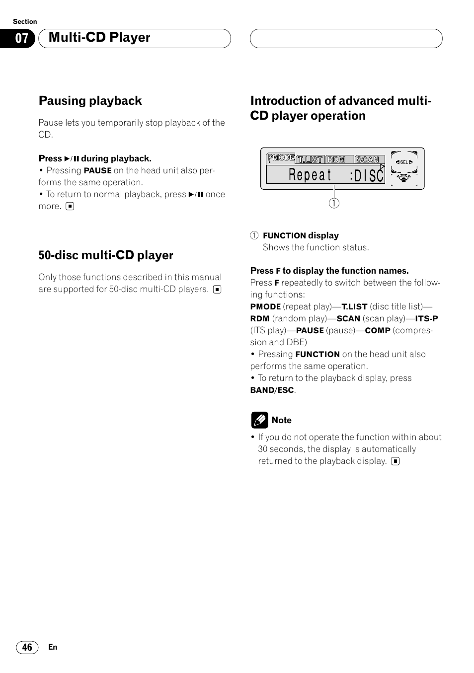 Operation 46, Multi-cd player, Pausing playback | Disc multi-cd player | Pioneer Super Tuner III DVH-P7050 User Manual | Page 46 / 104