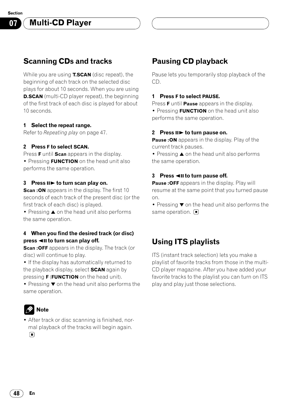 Multi-cd player, Scanning cds and tracks, Pausing cd playback | Using its playlists | Pioneer Super Tuner III DVH-P7050 User Manual | Page 48 / 104