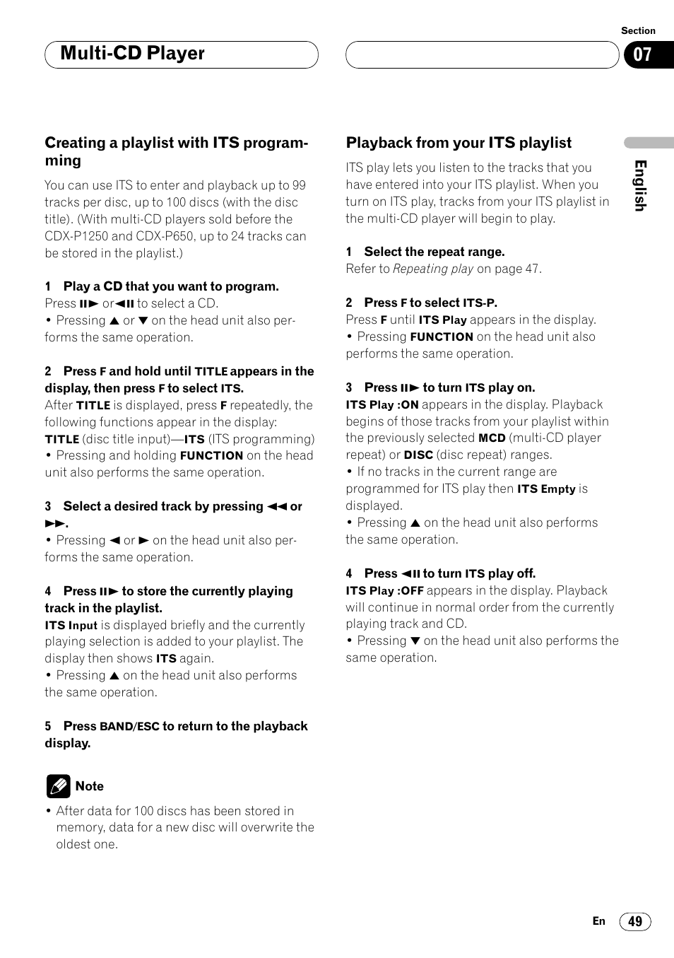 Creating a playlist with its, Programming 49, Playback from your its playlist 49 | Multi-cd player | Pioneer Super Tuner III DVH-P7050 User Manual | Page 49 / 104