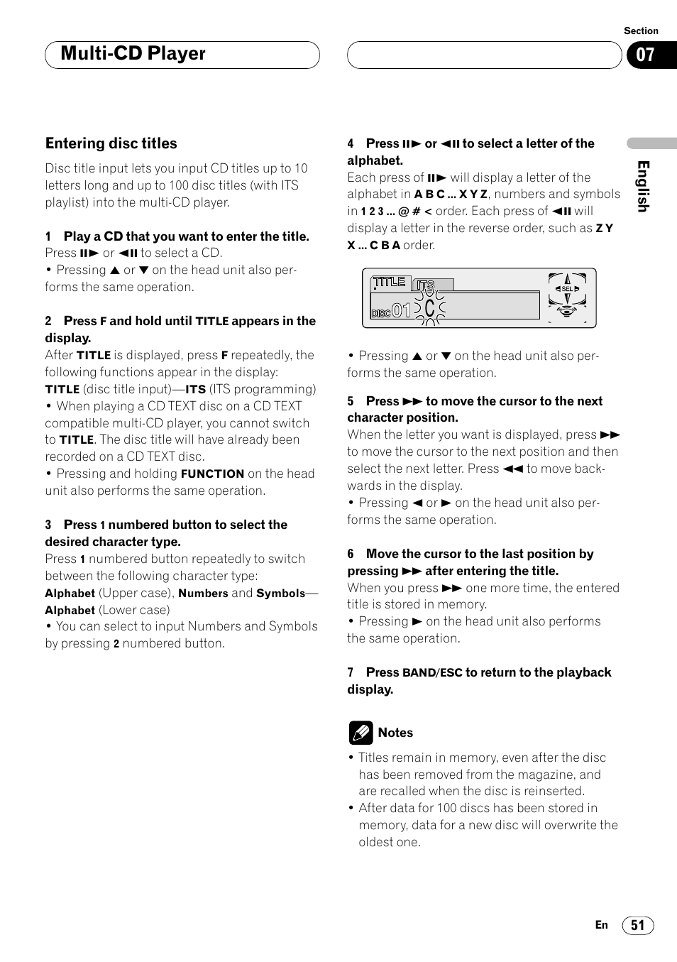 Entering disc titles 51, Multi-cd player | Pioneer Super Tuner III DVH-P7050 User Manual | Page 51 / 104