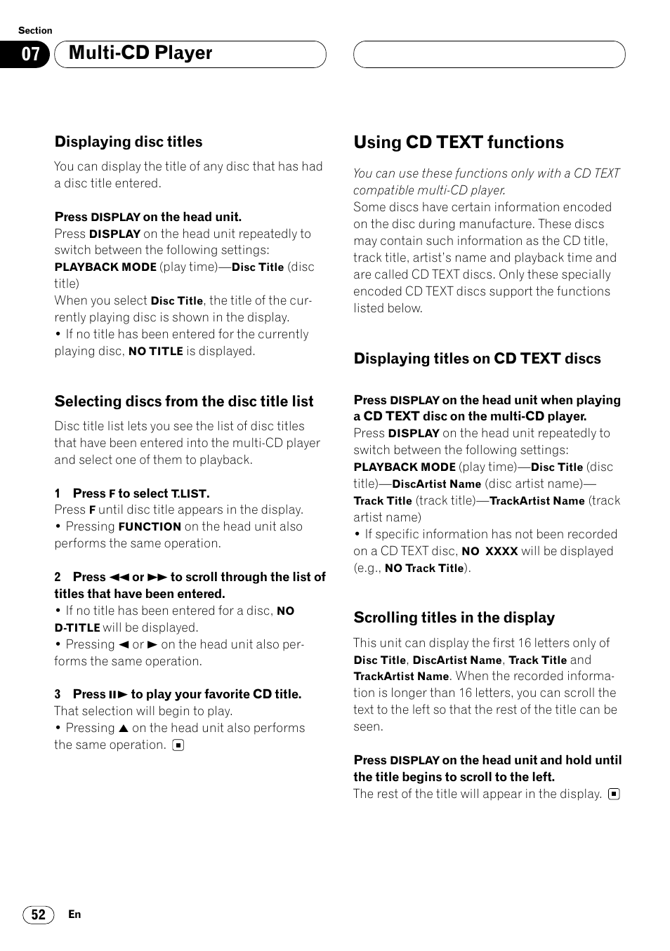 Title list 52, Using cd text functions 52, Multi-cd player | Using cd text functions, Displaying disc titles, Selecting discs from the disc title list, Displaying titles on cd text discs, Scrolling titles in the display | Pioneer Super Tuner III DVH-P7050 User Manual | Page 52 / 104