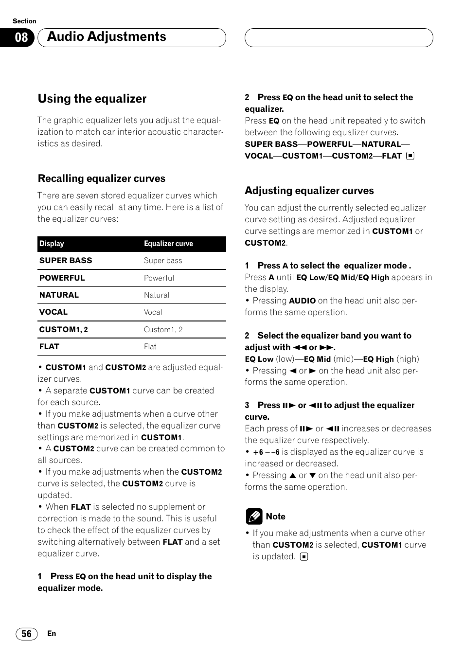 Using the equalizer 56, Audio adjustments, Using the equalizer | Recalling equalizer curves, Adjusting equalizer curves | Pioneer Super Tuner III DVH-P7050 User Manual | Page 56 / 104