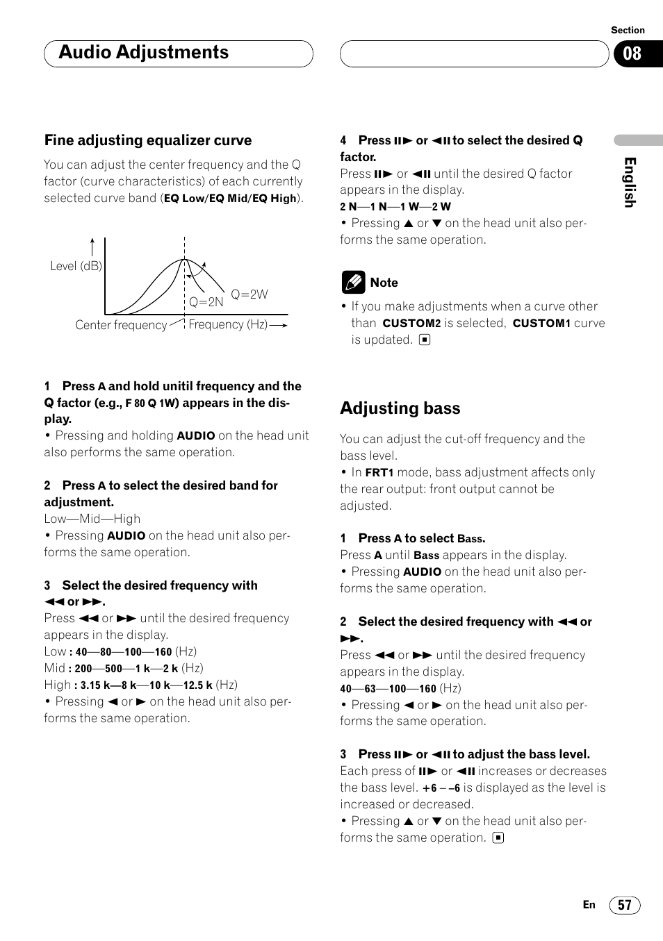 Fine adjusting equalizer curve 57, Adjusting bass 57, Audio adjustments | Adjusting bass | Pioneer Super Tuner III DVH-P7050 User Manual | Page 57 / 104