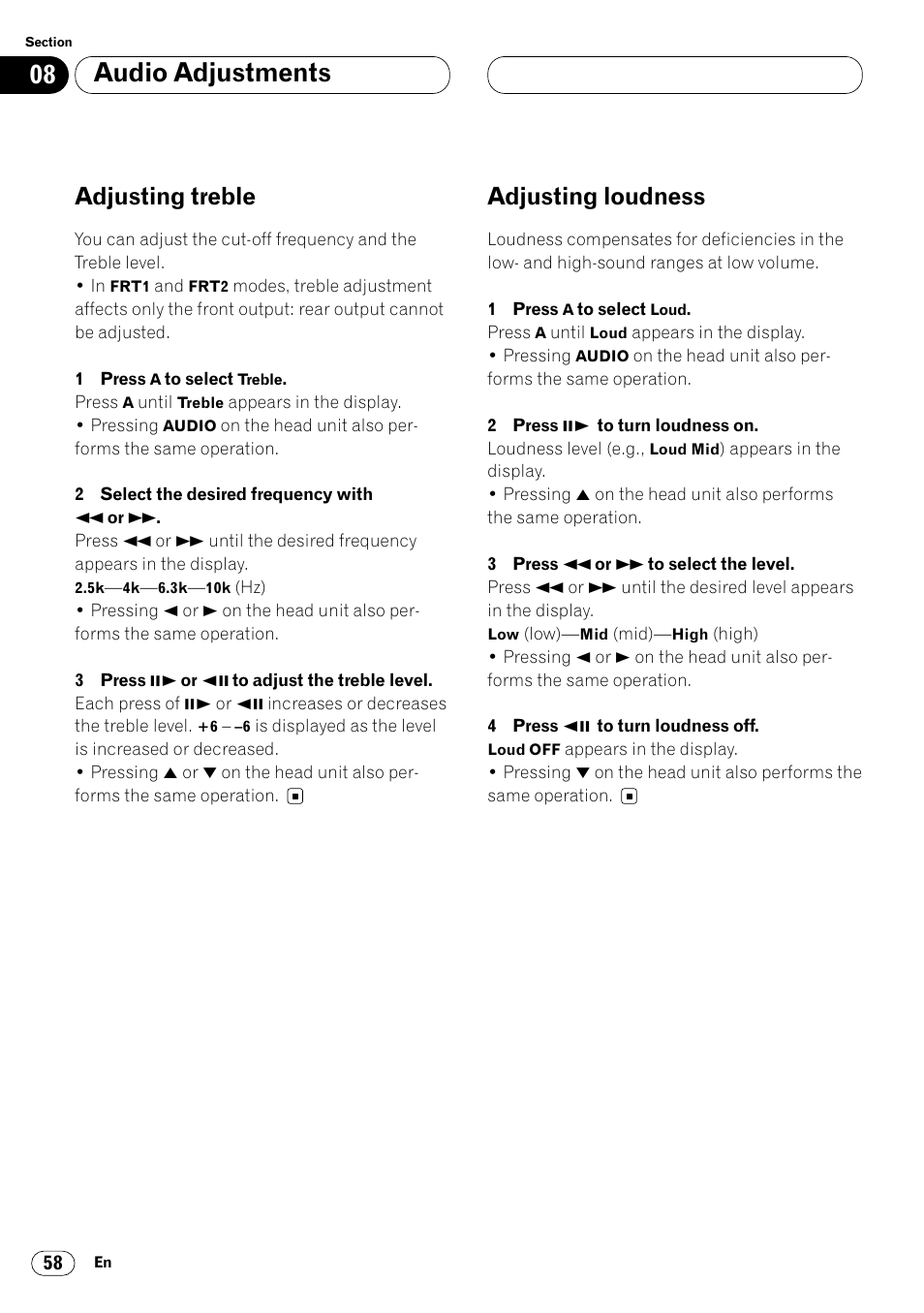 Adjusting treble 58 adjusting loudness 58, Audio adjustments, Adjusting treble | Adjusting loudness | Pioneer Super Tuner III DVH-P7050 User Manual | Page 58 / 104