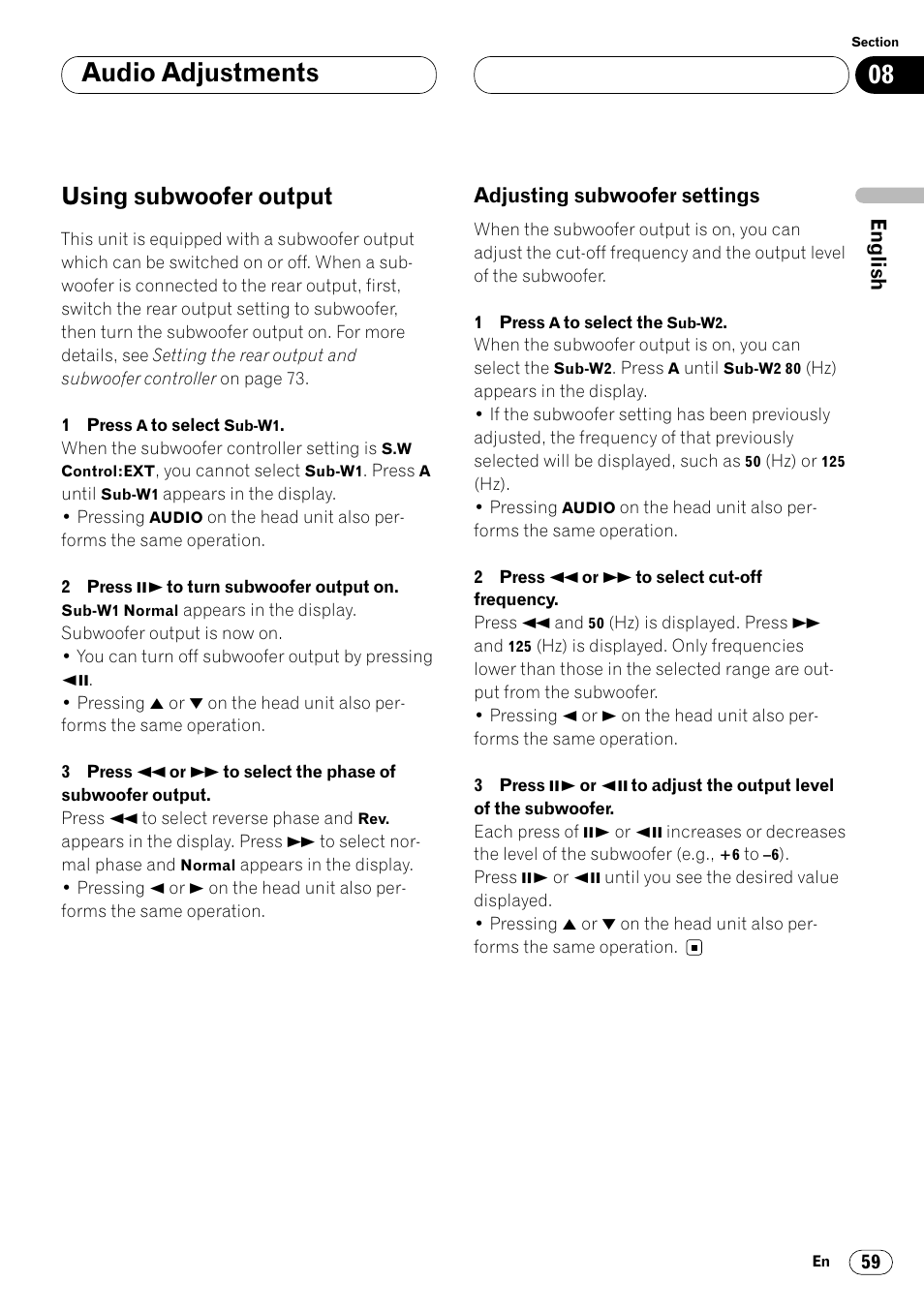 Using subwoofer output 59, Adjusting subwoofer settings 59, Audio adjustments | Using subwoofer output | Pioneer Super Tuner III DVH-P7050 User Manual | Page 59 / 104