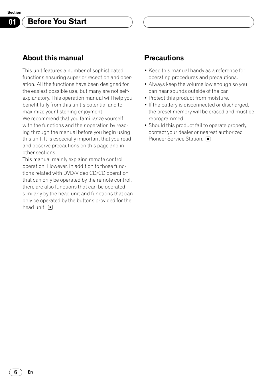 About this manual 6 precautions 6, Before you start, About this manual | Precautions | Pioneer Super Tuner III DVH-P7050 User Manual | Page 6 / 104