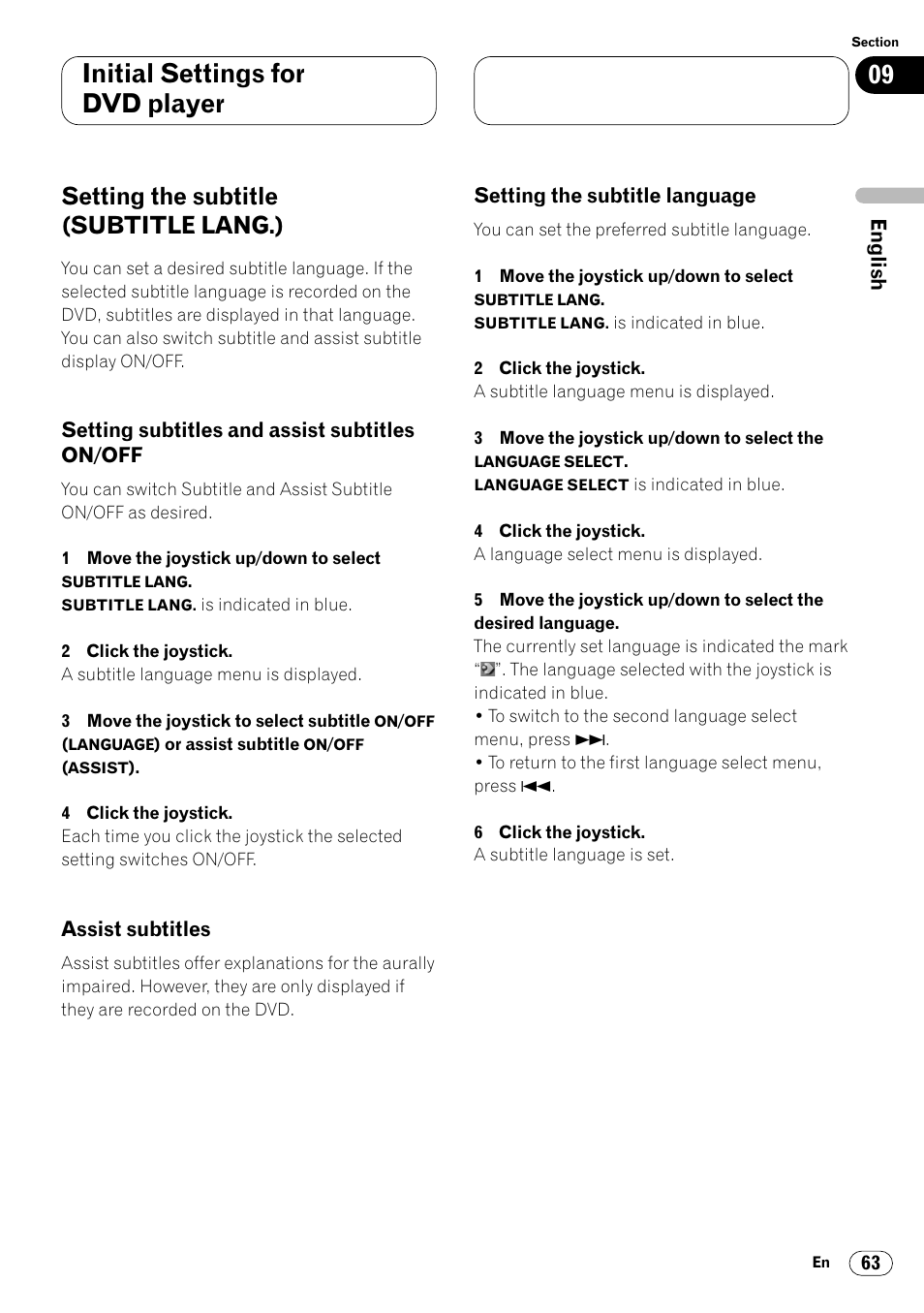 Setting the subtitle (subtitle lang.) 63, Setting subtitles and assist subtitles, On/off 63 | Initial settings for dvd player, Setting the subtitle (subtitle lang.) | Pioneer Super Tuner III DVH-P7050 User Manual | Page 63 / 104