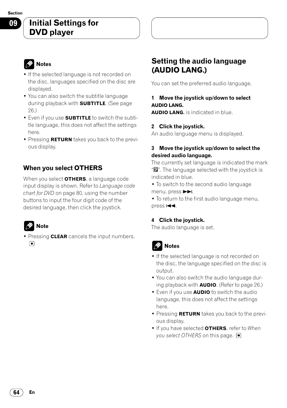 When you select others 64, Setting the audio language, Audio lang.) 64 | Initial settings for dvd player, Setting the audio language (audio lang.) | Pioneer Super Tuner III DVH-P7050 User Manual | Page 64 / 104