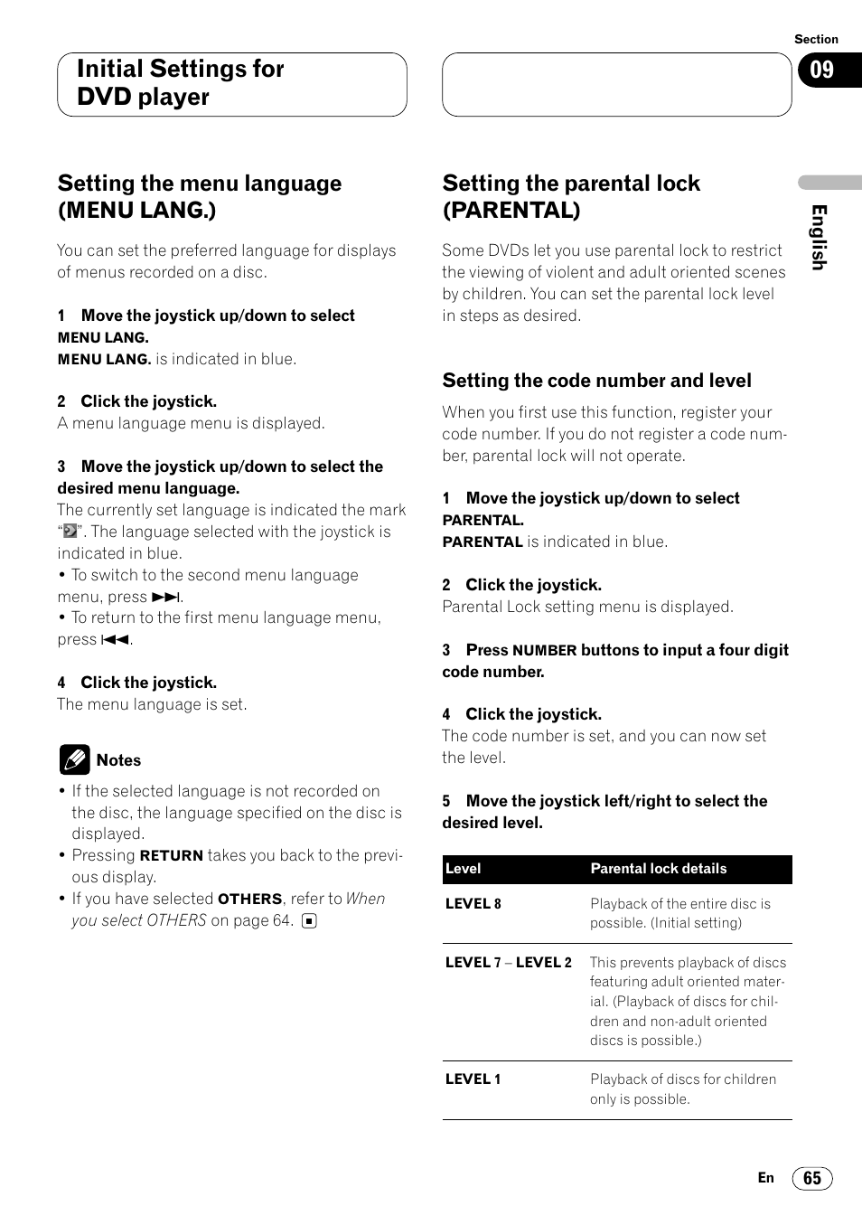 Setting the menu language, Menu lang.) 65, Setting the parental lock (parental) 65 | Setting the code number and level 65, Initial settings for dvd player, Setting the menu language (menu lang.), Setting the parental lock (parental) | Pioneer Super Tuner III DVH-P7050 User Manual | Page 65 / 104