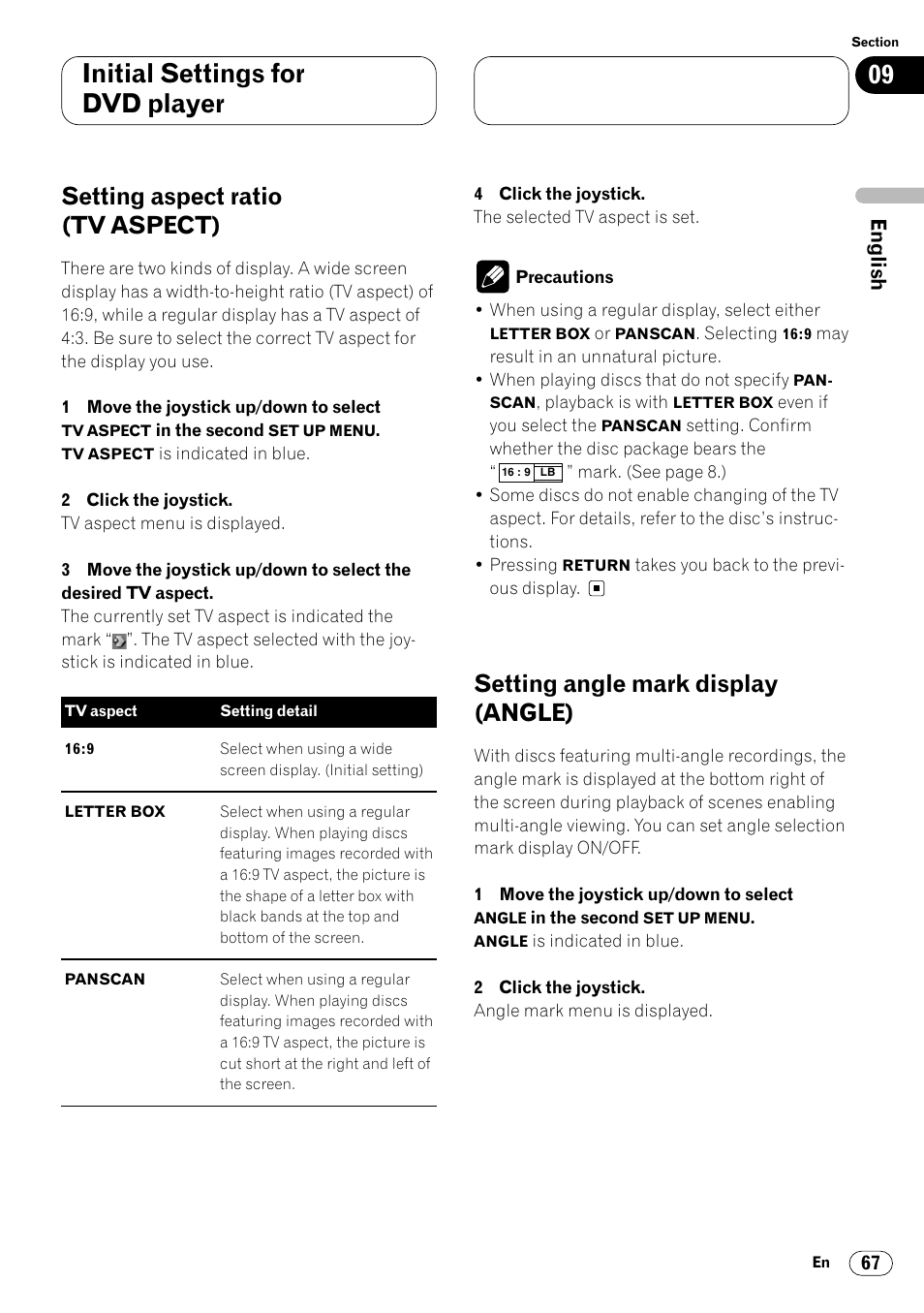 Initial settings for dvd player, Setting aspect ratio (tv aspect), Setting angle mark display (angle) | Pioneer Super Tuner III DVH-P7050 User Manual | Page 67 / 104