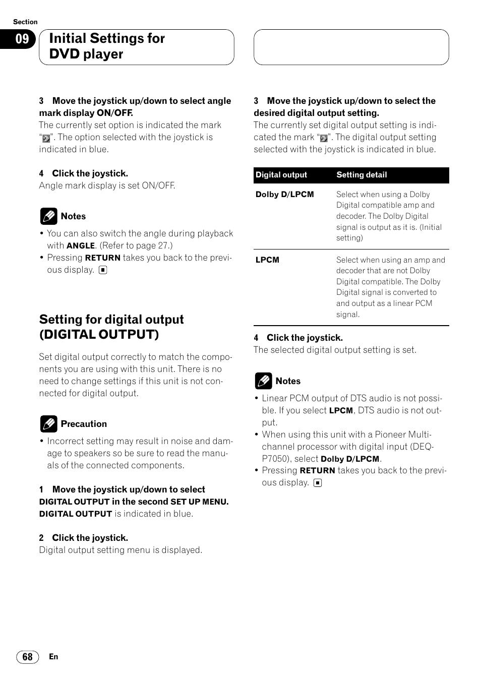 Setting for digital output, Digital output) 68, Initial settings for dvd player | Setting for digital output (digital output) | Pioneer Super Tuner III DVH-P7050 User Manual | Page 68 / 104