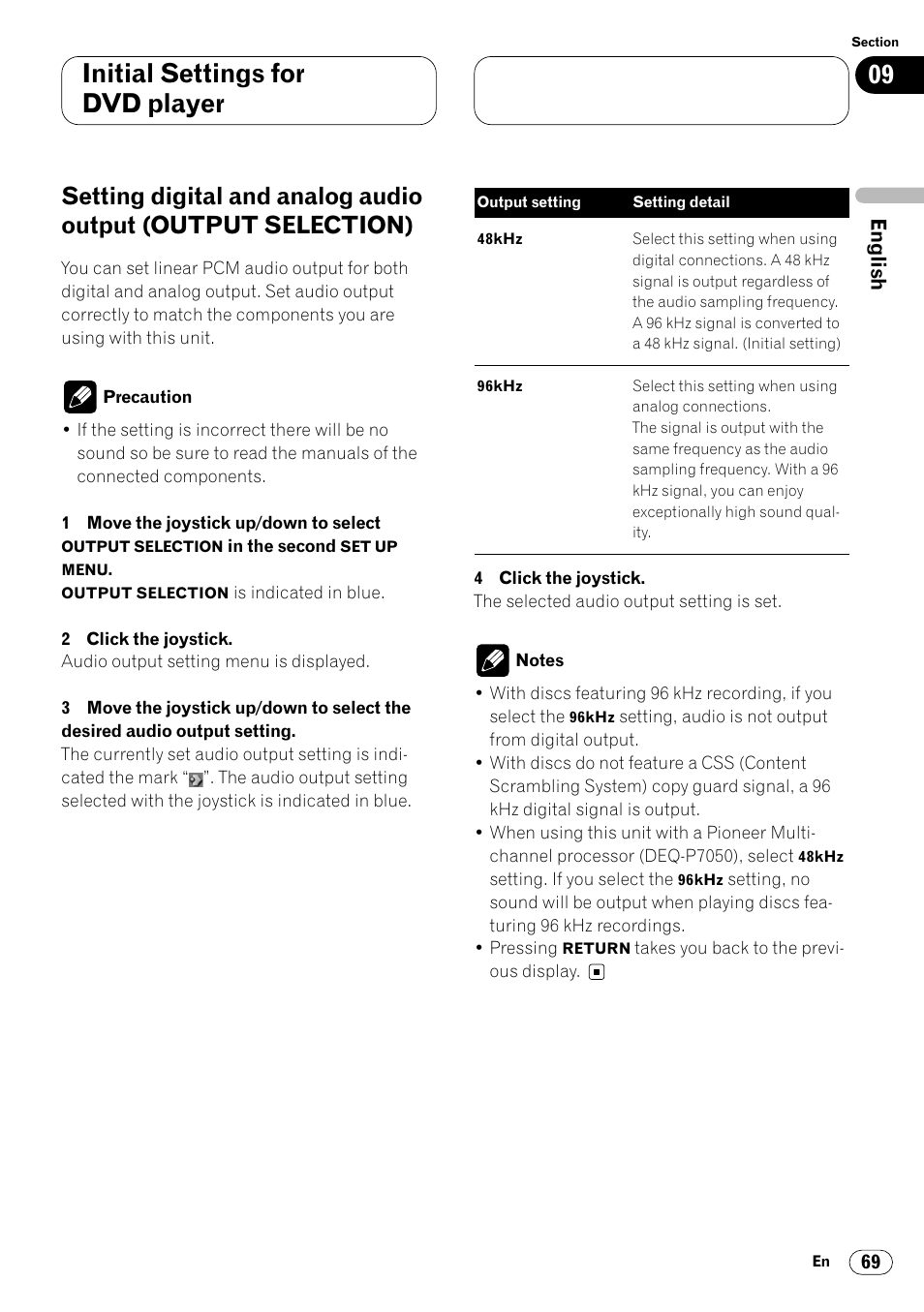 Setting digital and analog audio output, Output selection) 69, Initial settings for dvd player | Pioneer Super Tuner III DVH-P7050 User Manual | Page 69 / 104